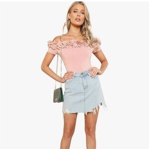Off the shoulder pink 3D Flower bodysuit
